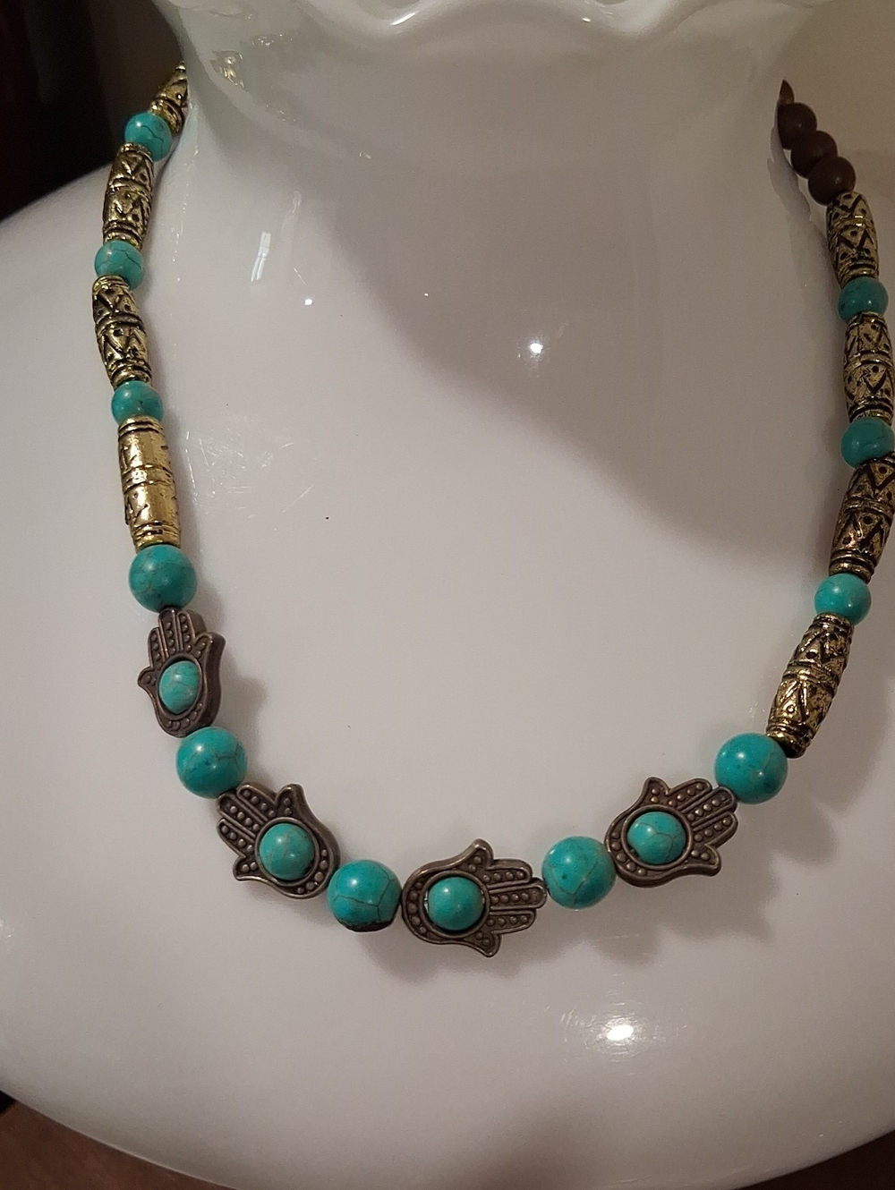 Turquoise Hamsa Beaded Necklace with Antiqued Gold Accents - Women Jewelry